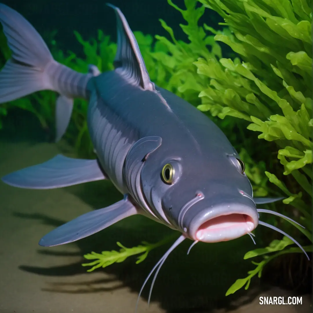 Fish with a long whiskers is swimming in a tank of water with plants in the background
