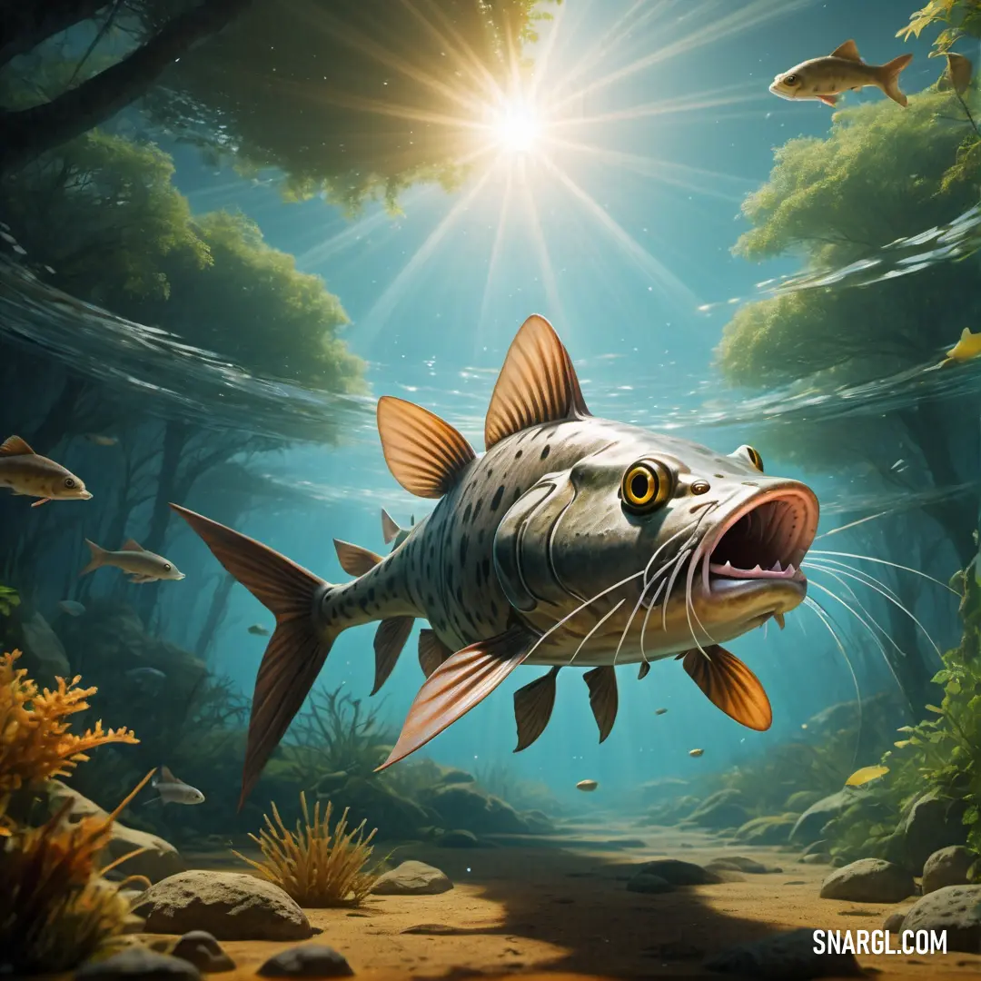 Fish with its mouth open in a deep sea with fish swimming around it and sunlight shining through the water