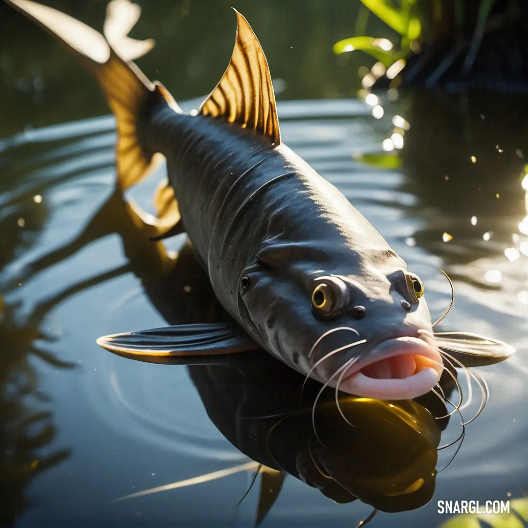 Fish with its mouth open swimming in a pond of water with grass and plants in the background