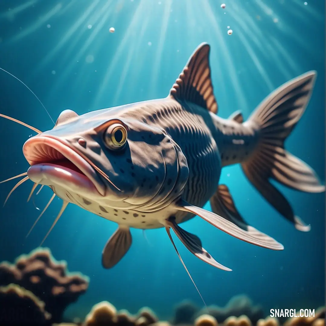 Fish with its mouth open and its teeth wide open in the water with a sunbeam in the background