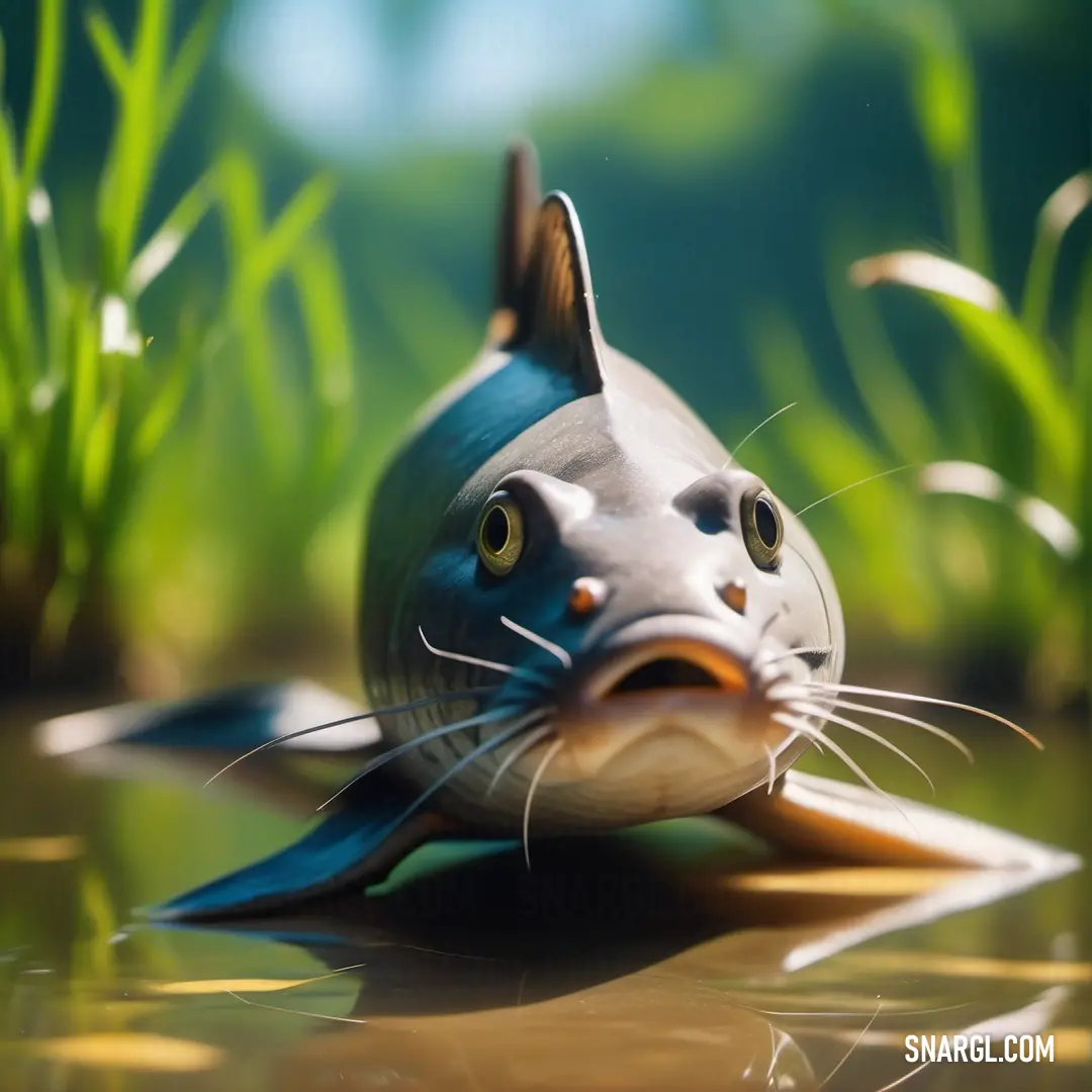 Plastic fish with a face is floating in the water with grass in the background