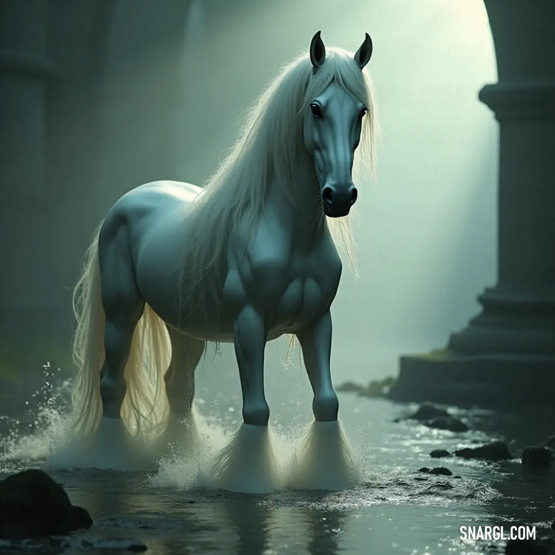 Majestic White Catriona by the water, contemplating a nearby statue of its likeness, bridging nature and artistry in a serene setting. The majestic White Catriona poses by the water's edge, gazing thoughtfully at a beautifully crafted statue of its kindred spirit. This harmonious setting celebrates the connection between nature and artistry.