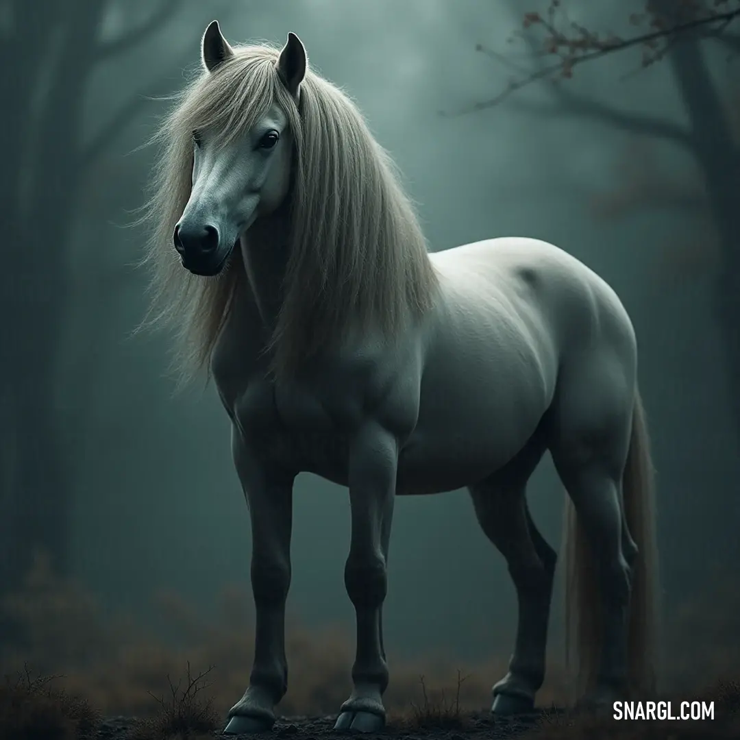 A poised white Catriona in a misty forest setting, surrounded by towering trees. A striking white Catriona stands poised among towering trees shrouded in mist, creating an ambiance of ethereal beauty and wonder in the forest.
