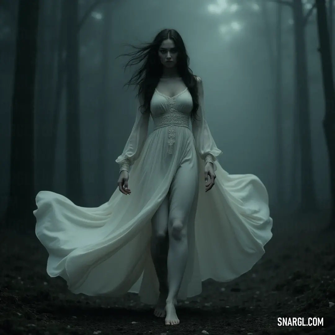 A delicate figure walks through a moonlit forest, her dress flowing gracefully like mist, as the night encourages a journey into the depths of nature's sleeping beauty. In a serene nighttime forest, a figure in a long, flowing white dress glides through the shadows, her ethereal presence illuminated by the moonlight highlighting the gentle movement of her gown.