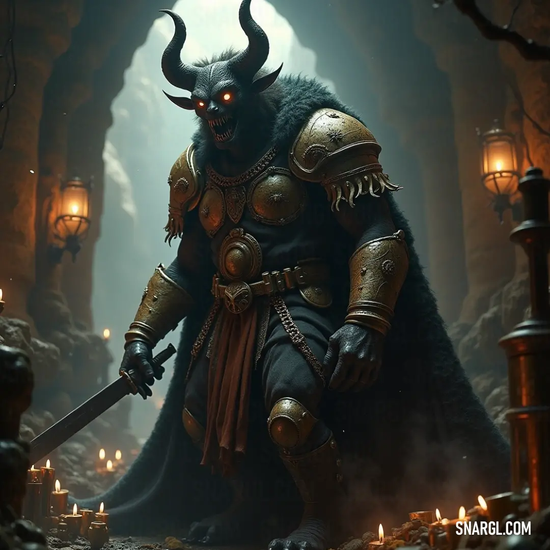 A Demonic Cave Demon stands poised with a sword in a dimly lit cave, where flickering candles and lanterns cast ethereal light on its stoic face, creating an ambiance filled with suspense and the anticipation of an impending encounter in the shadows.