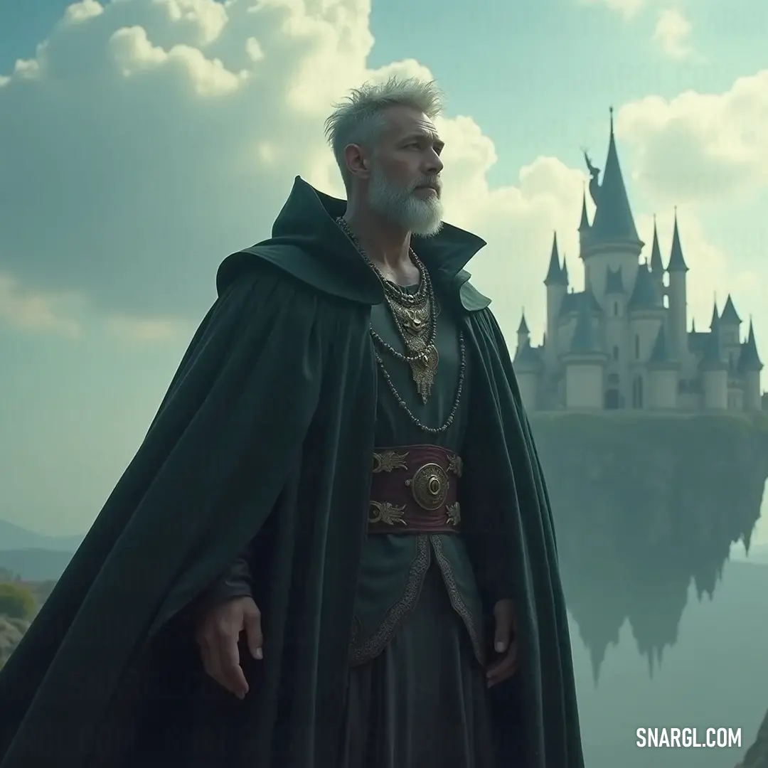A hero in a striking green cape poses before a grand, timeless castle, embodying the spirit of adventure amidst a tranquil setting. A majestic figure in a vibrant green cape stands confidently against the backdrop of an ancient castle, surrounded by a serene landscape that hints at tales of adventure and mystery waiting to unfold.