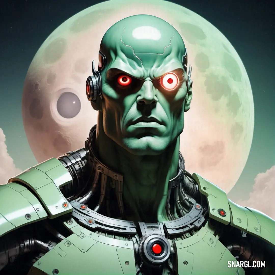 Green alien with red eyes and a green suit with a red eye and a moon in the background. Example of Celadon color.