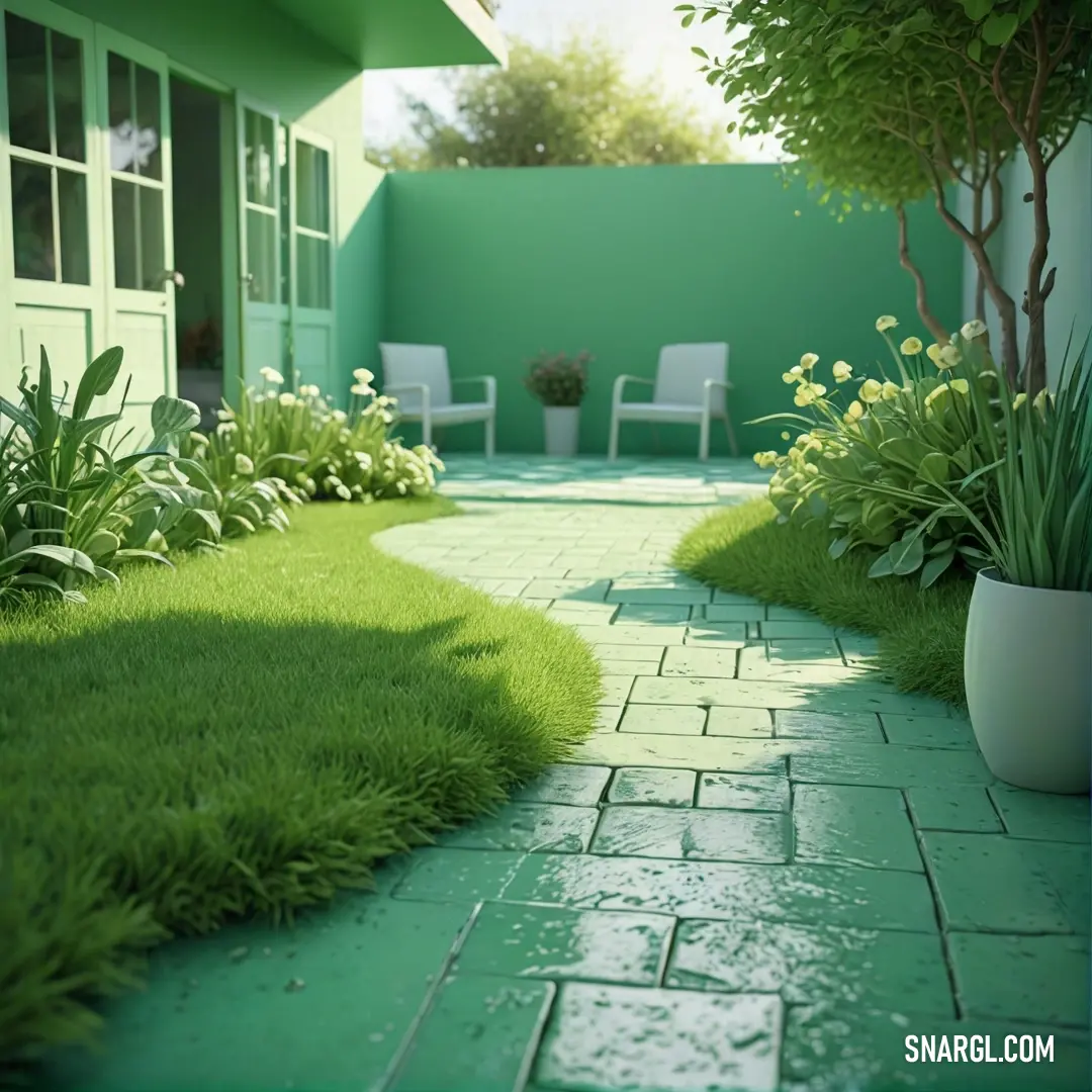 Celadon color example: Green yard with a white chair and a tree in the background
