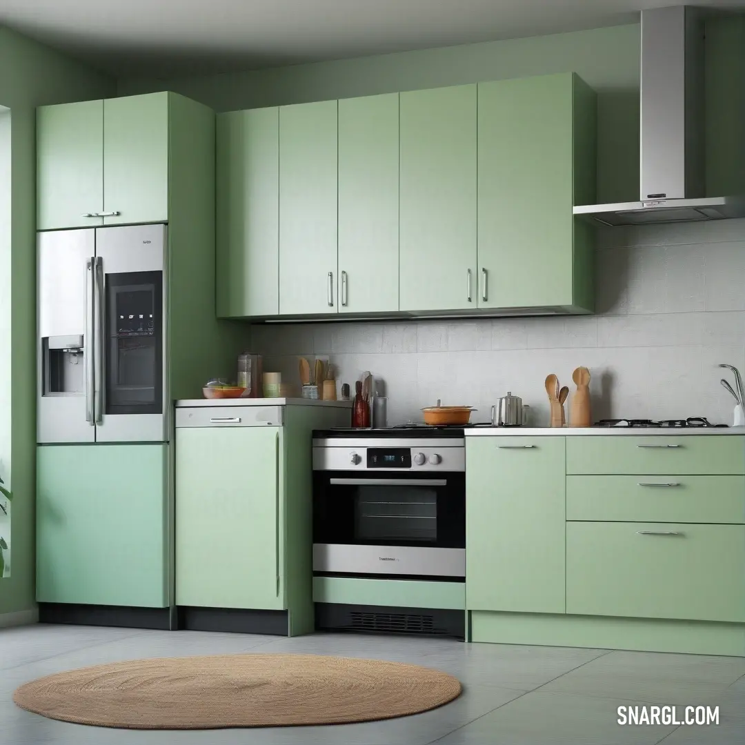 Kitchen with green cabinets and a white rug on the floor and a stove and oven in the corner. Example of Celadon color.