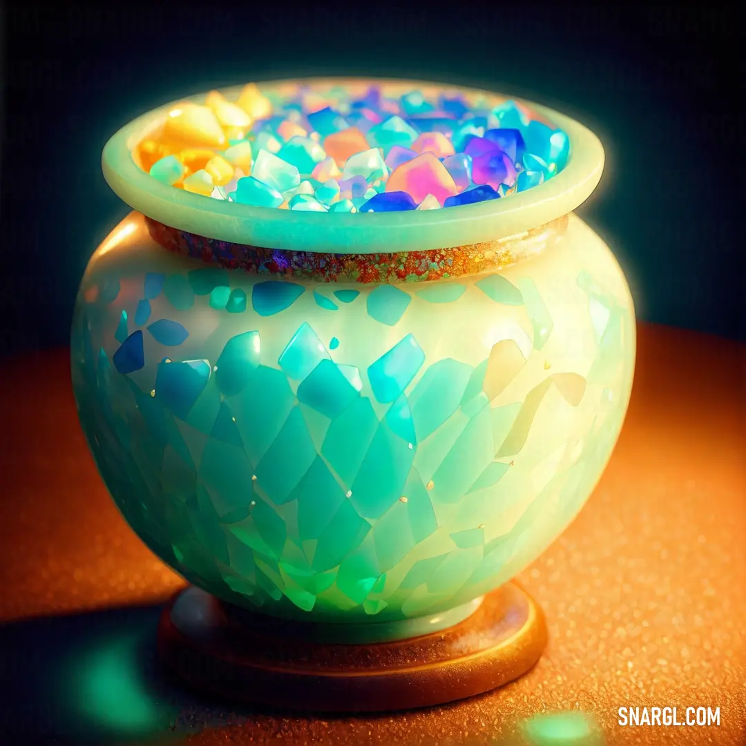 Glass bowl with a colorful substance inside of it on a table top with a black background and a light shining on it