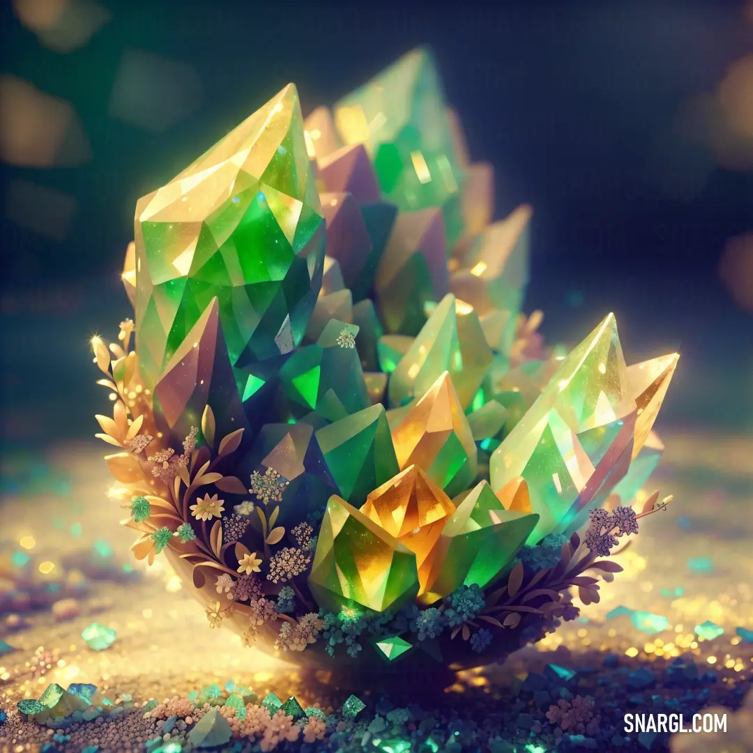 Green and gold origami sculpture on a table with glitters and lights in the background and a blue sky