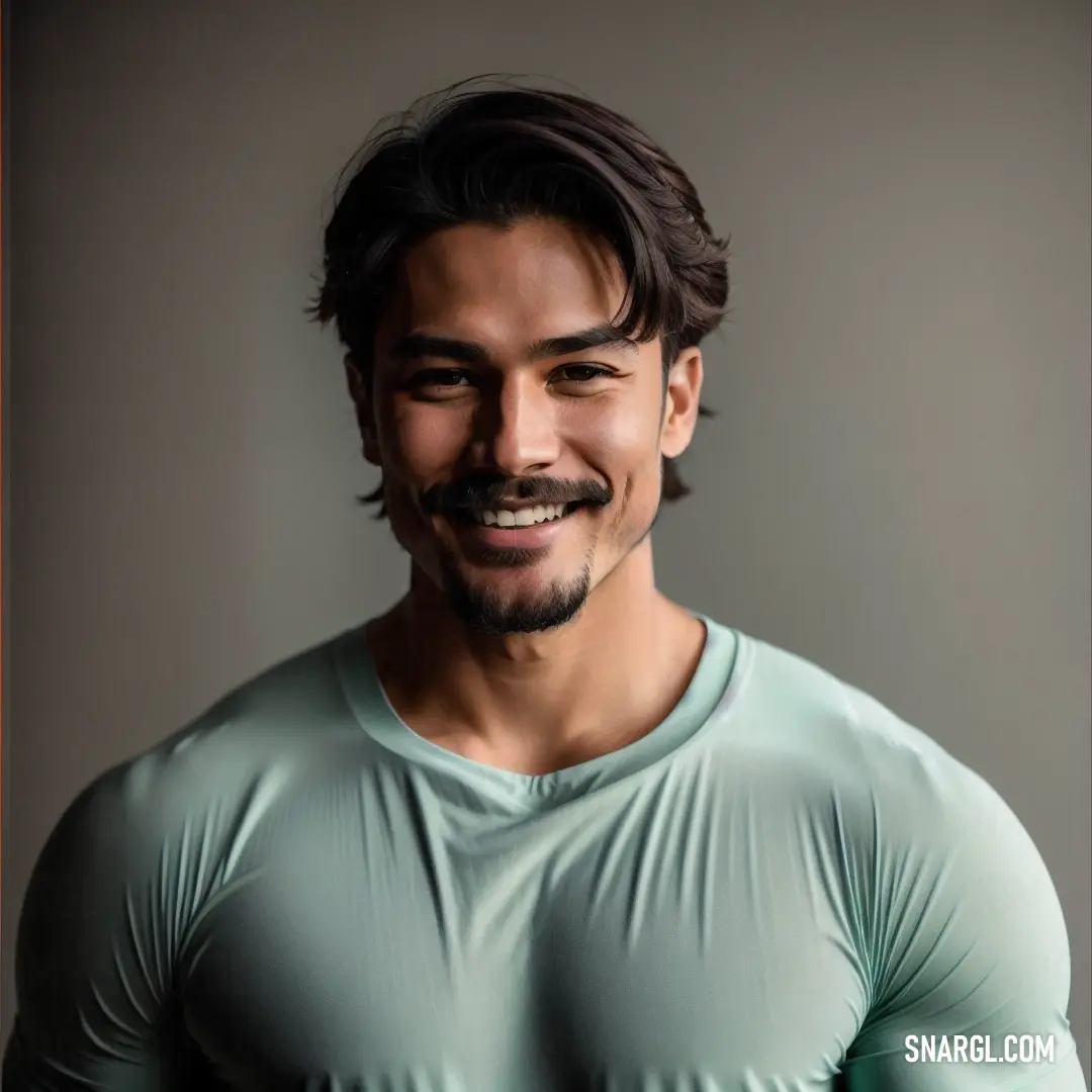 Man with a mustache and a green shirt smiling at the camera with a gray background and a brown frame