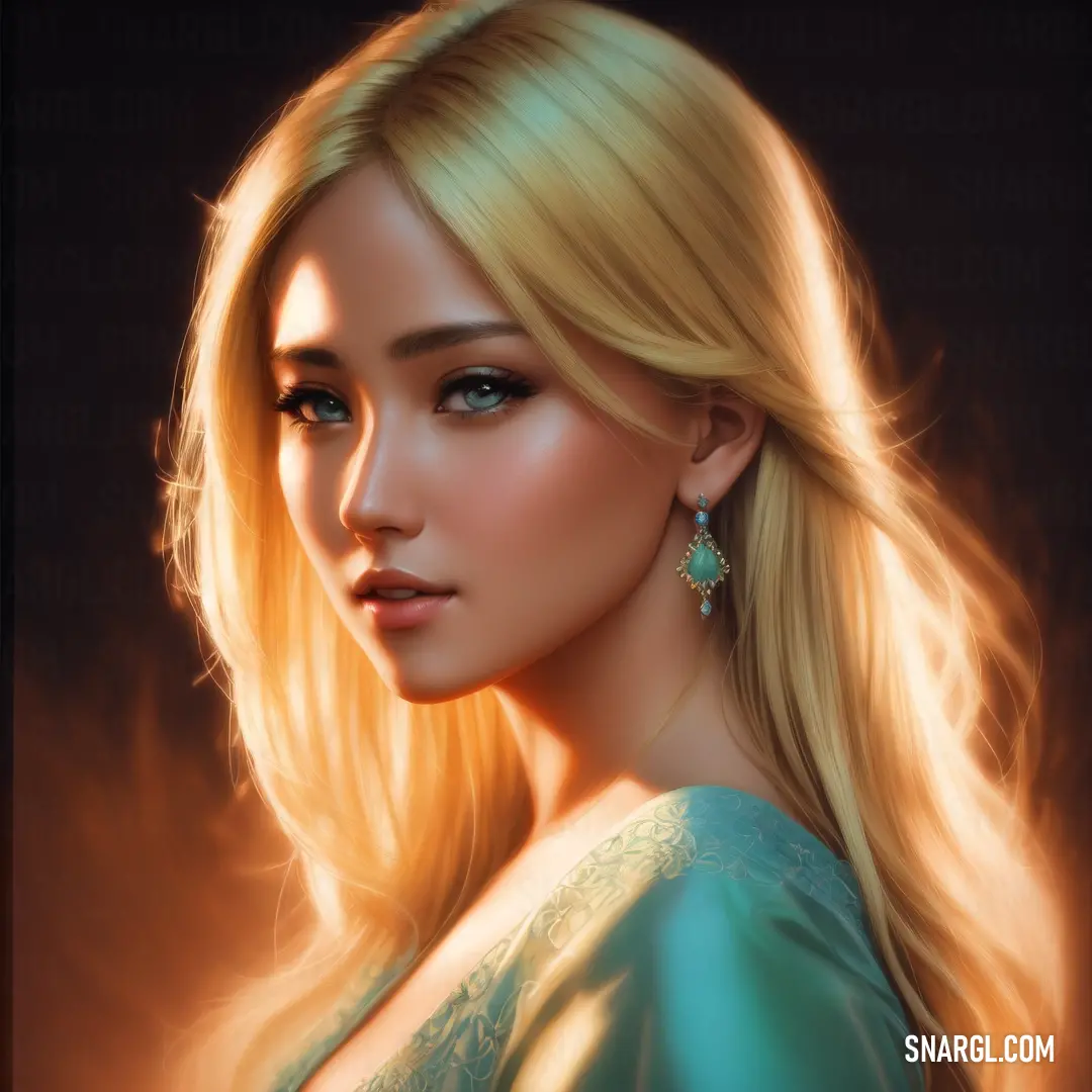 Painting of a blonde woman with long hair and a green dress with a blue bead in her ear