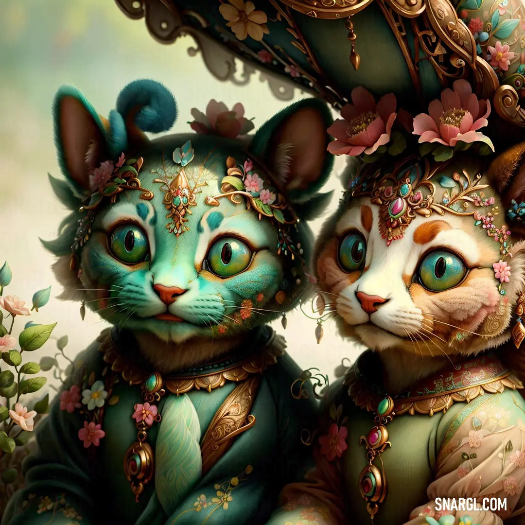 Painting of two cats dressed in fancy clothing and jewelry