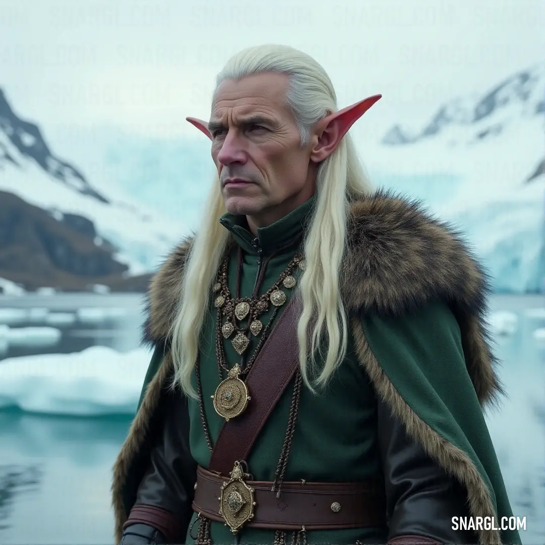 Celeborn, dressed in a striking green outfit with horns and a fur collar, stands confidently, his long beard swaying as he faces the unknown. Celeborn, in a majestic green outfit with horns on his head and a fur collar, stands as an imposing figure, his long beard flowing as he faces the challenges of an unpredictable world.