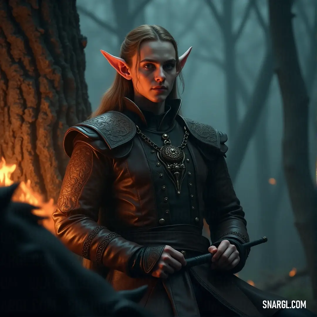 In a dense forest, a figure dressed in leather holds a wand, their gaze focused and intense. The sunlight filters through the trees, casting light on the mysterious figure, as they stand poised to cast a powerful spell.