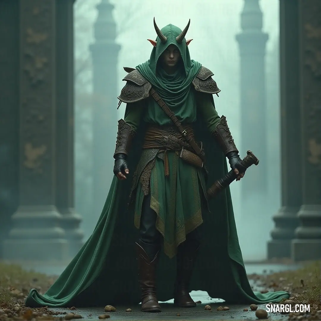 A figure wearing a green outfit and a horned headdress stands proudly in a park, holding a sword with a confident stance. The ancient weapon reflects the sun’s rays as it catches the light, while the park’s quiet beauty surrounds them.