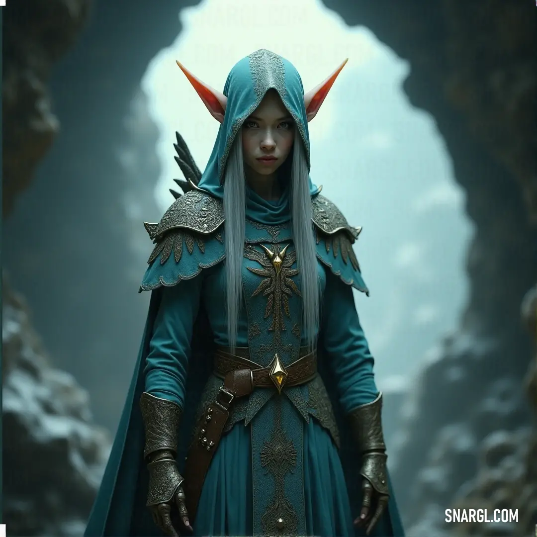 An elf dressed in a striking blue outfit with a hood and horns stands in a quiet, mysterious place. The elegance of the outfit contrasts with the calmness of the surroundings, creating a sense of otherworldly beauty and intrigue.