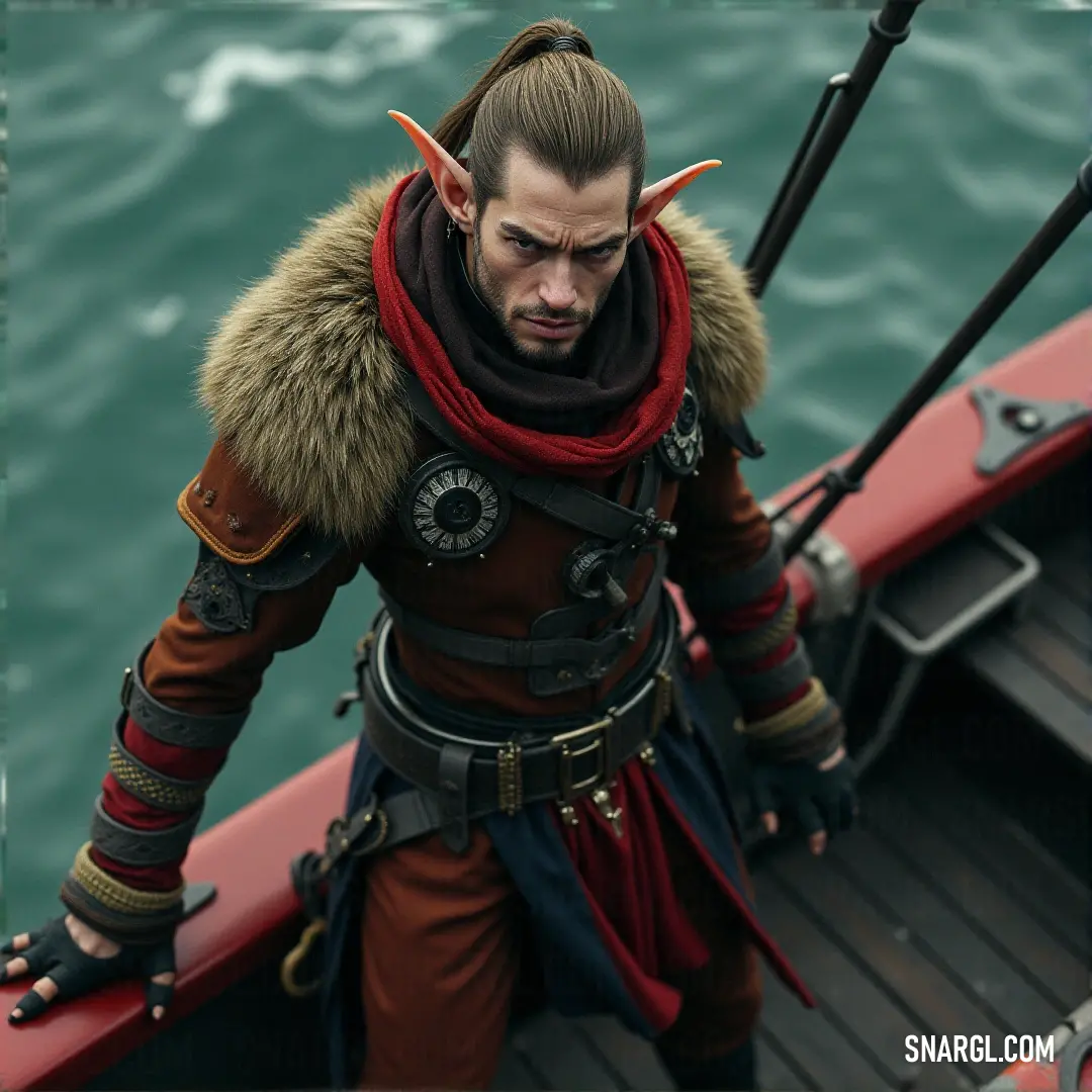 Celebrimbor in a costume on a boat in the water with a beard and horns on his head and a red scarf around his neck