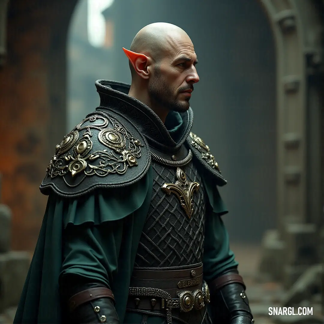 Celebrimbor in a green outfit with a red mohawk and a bald head wearing a green cape