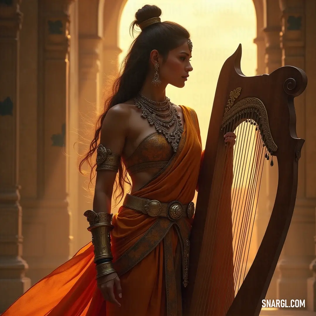 Celeste, clad in a flowing gown, cradles a harp in front of a majestic building, complete with stunning arches that evoke a sense of timeless elegance and beauty in her serene demeanor. Celeste gracefully holds a harp, ensconced in a flowing dress, positioned elegantly before a grand building adorned with intricate arches, her serene presence harmonizing with the beauty of architecture that surrounds her.