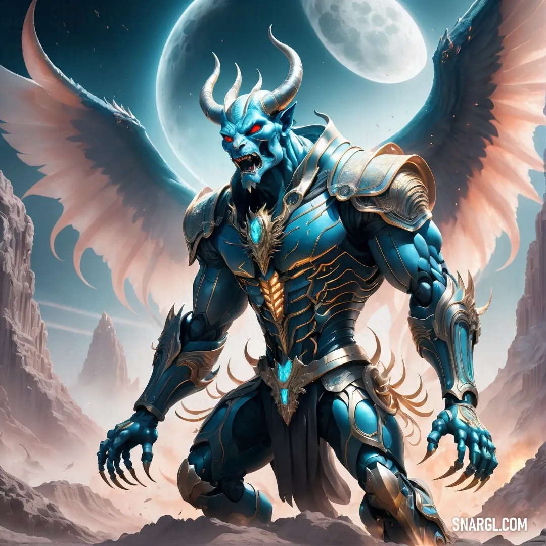 Blue demon with large wings standing in front of a full moon and a mountain landscape with a full moon. Example of RGB 178,255,255 color.