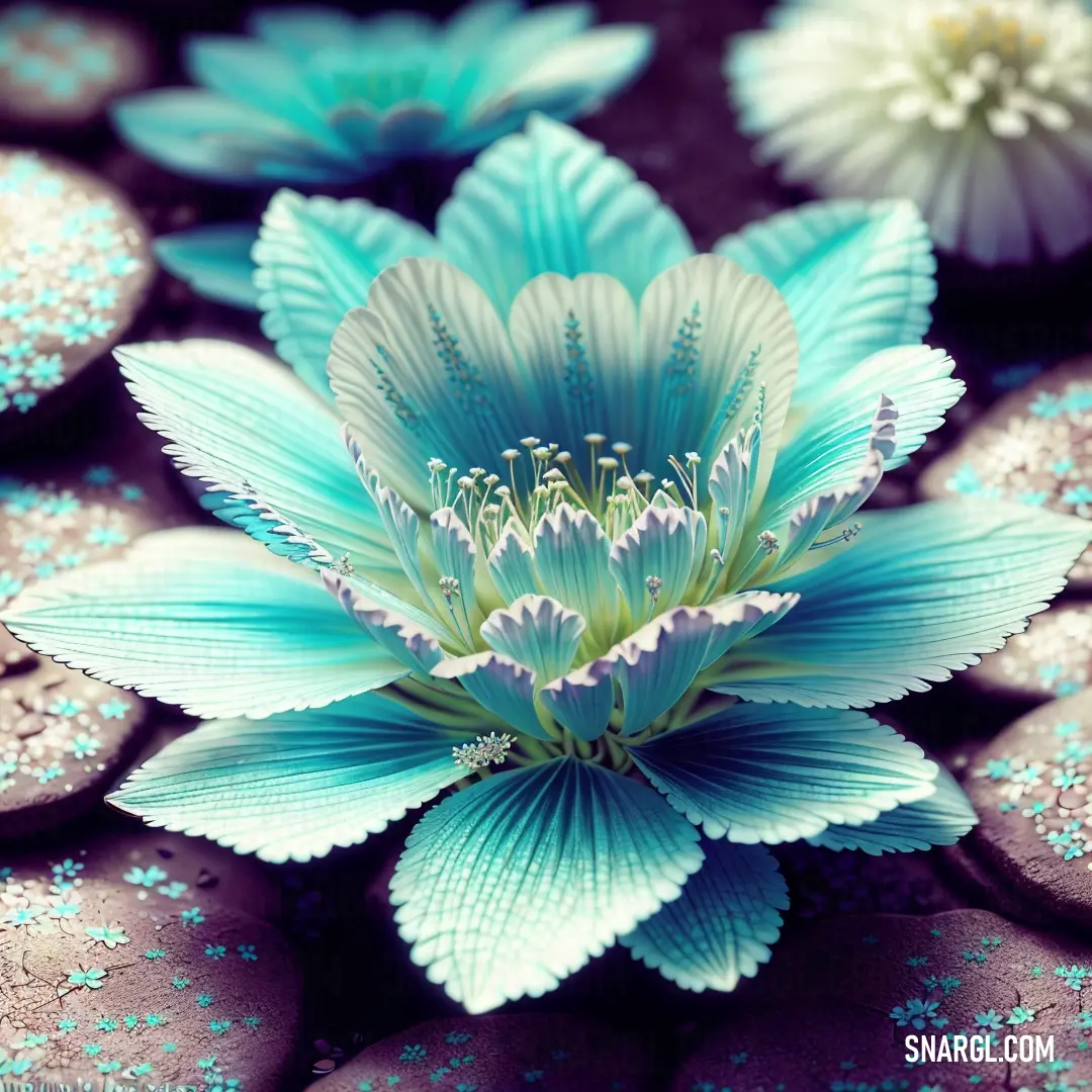 Blue flower surrounded by other blue flowers and rocks in the background with blue and white flowers on them