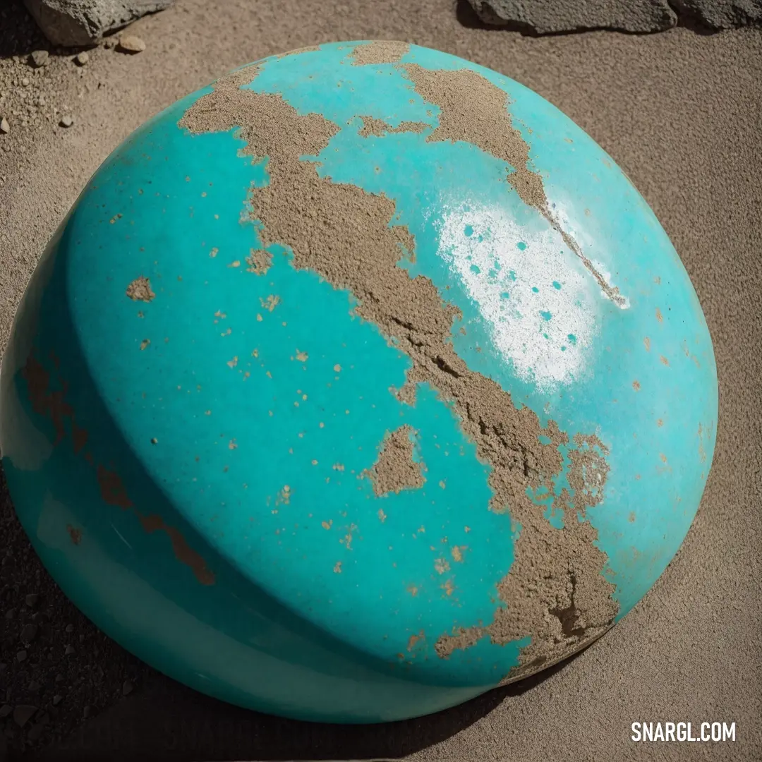 Blue frisbee is in the sand on the beach