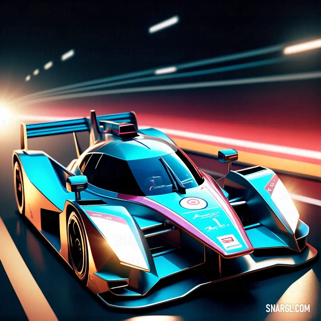 Blue race car driving down a street at night with lights on it's sides and a red and white stripe on the side. Color RGB 178,255,255.