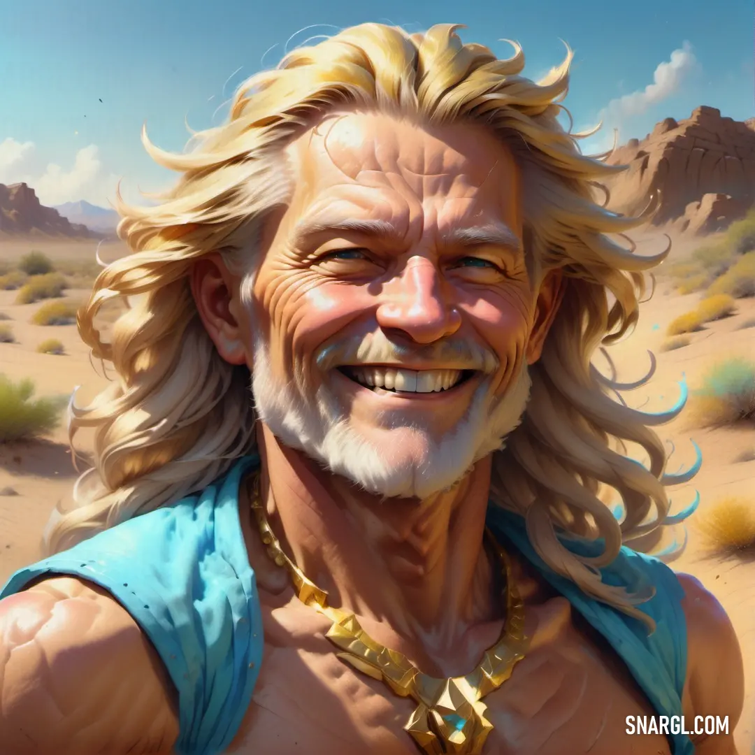 Man with long blonde hair and a beard wearing a blue shirt and gold necklace smiling in the desert. Color Celeste.
