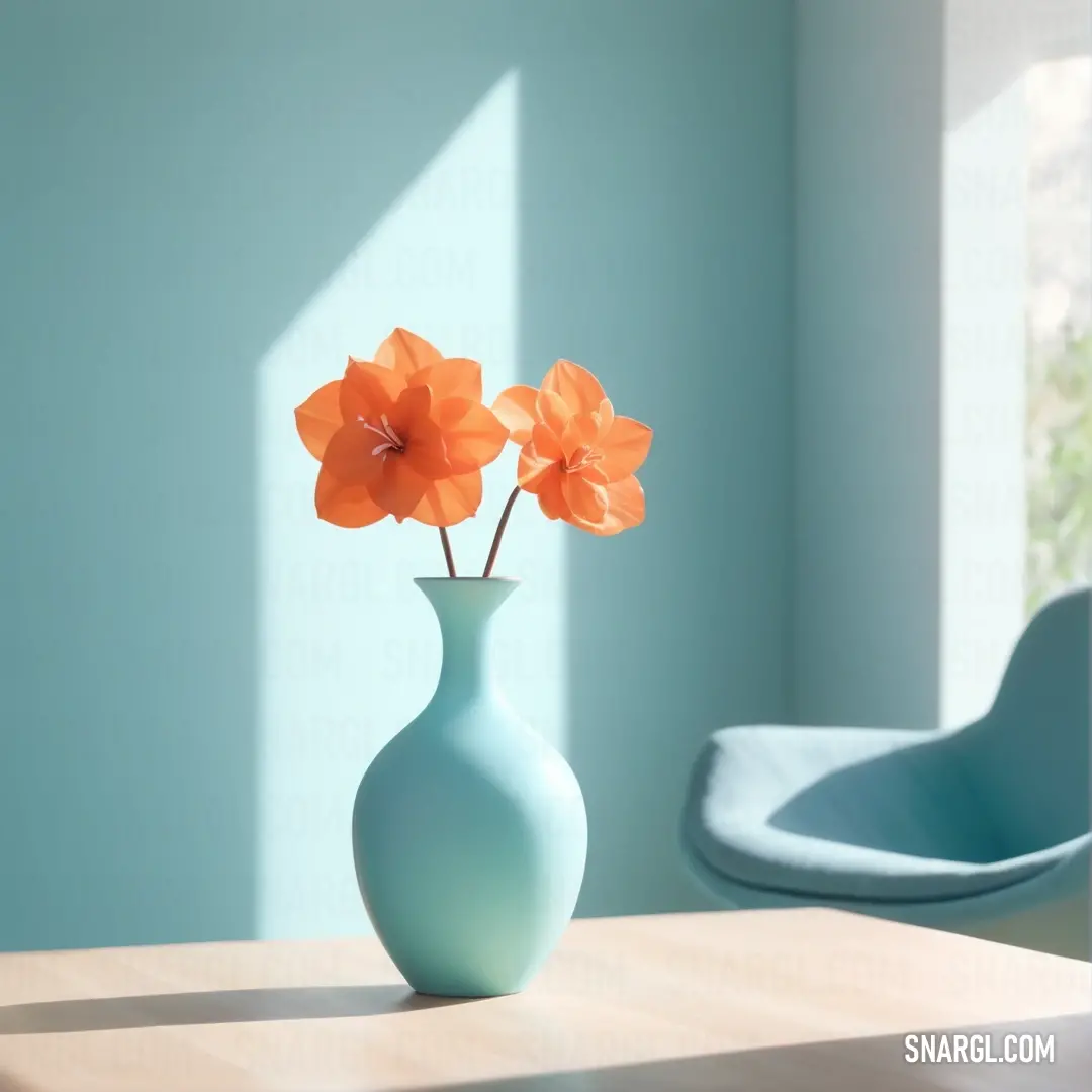 Celeste color. Vase with three flowers in it on a table in a room with a blue chair