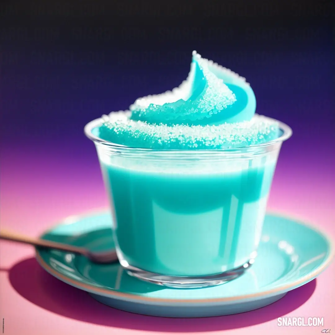 Cup of blue liquid with a spoon on a plate with a spoon in it