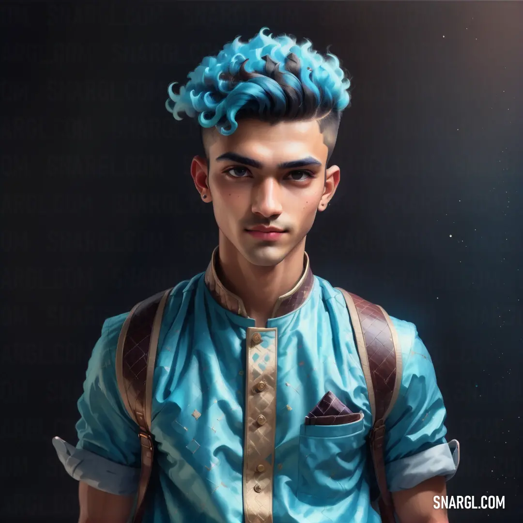 Man with blue hair and a blue shirt on. Color Celeste.