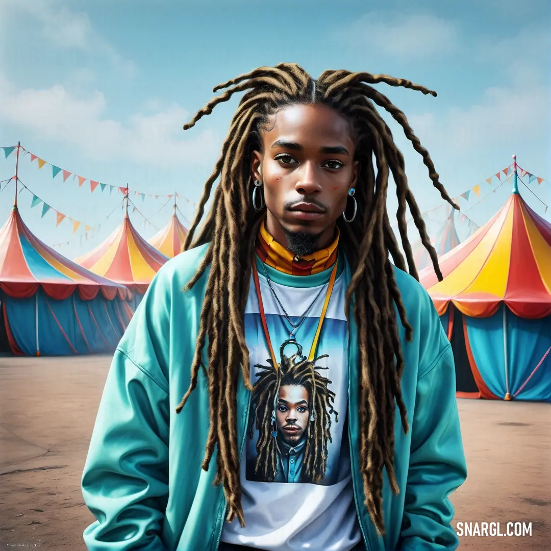 Celeste color example: Man with dreadlocks standing in front of a circus tent with tents in the background