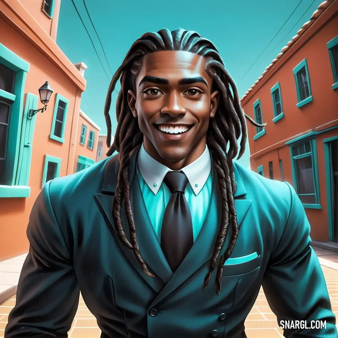 Man with dreadlocks and a suit on in a street with buildings and a street light in the background. Example of CMYK 30,0,0,0 color.