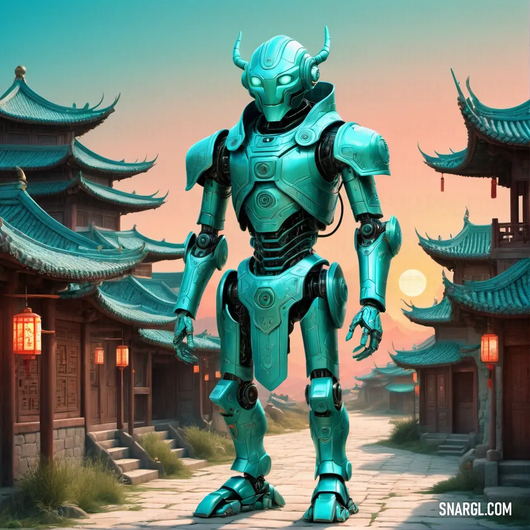 Robot standing in front of a building with a sky background