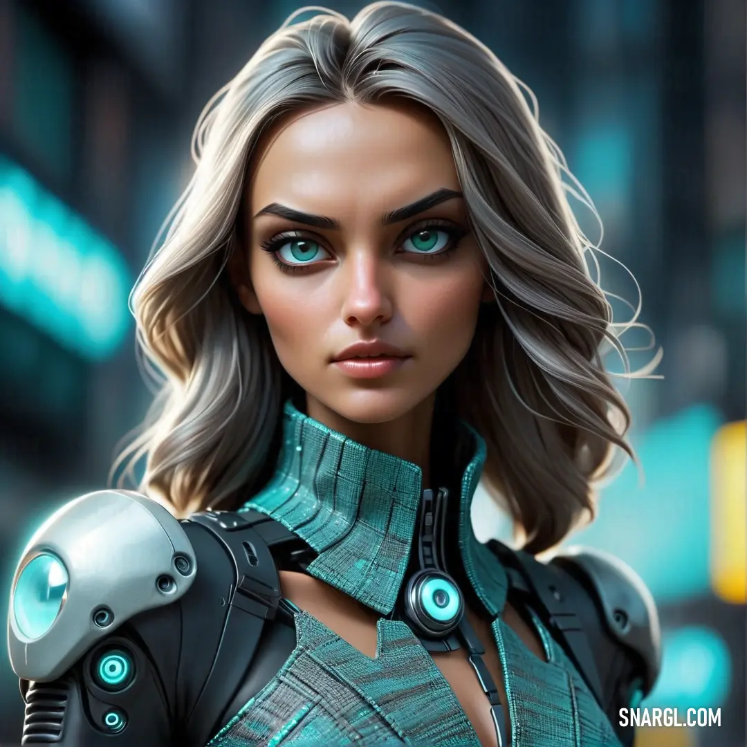 Woman in a futuristic suit with a futuristic helmet and blue eyes is looking at the camera with a serious look on her face