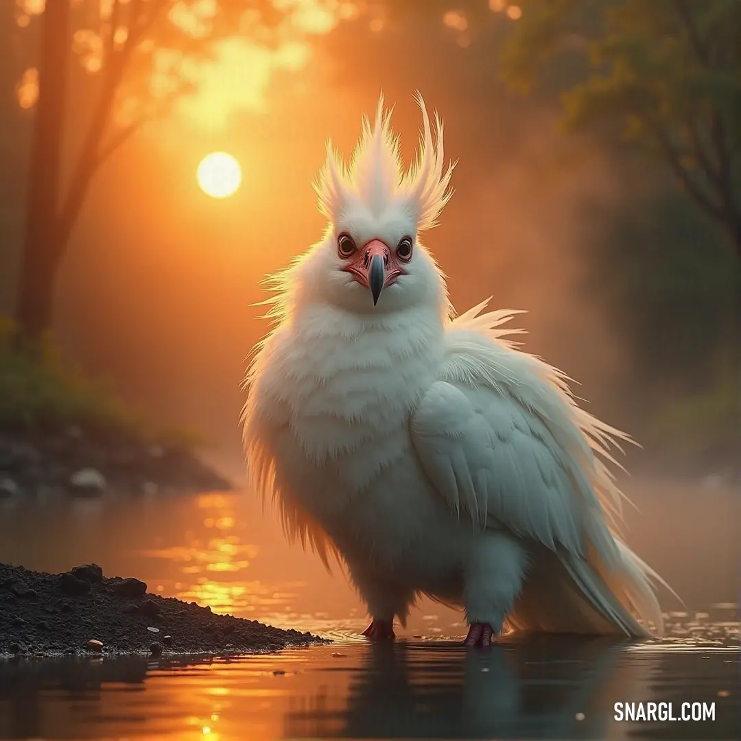 A white Celestia with flowing long hair stands in calm, shallow water at sunset, the golden light of the setting sun reflecting off the water and illuminating its serene form.