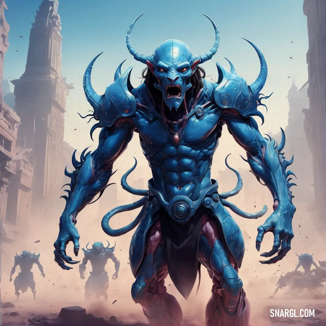 Blue demon with horns and a demon face on it's face is surrounded by other demonic creatures