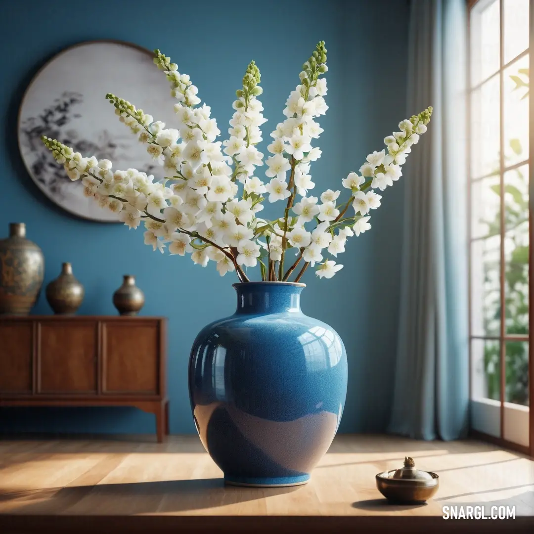 Blue vase with white flowers in it on a table in a room with a blue wall and a window. Color RGB 73,151,208.