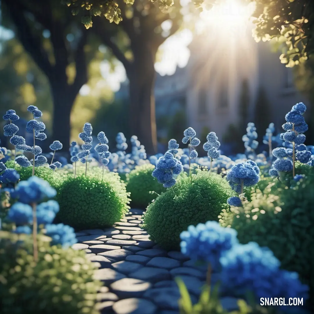 Pathway with blue flowers and green bushes on either side of it. Color #4997D0.