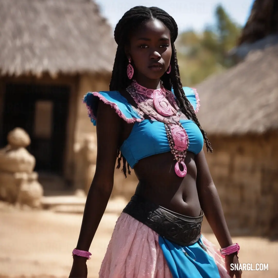 Woman in a blue and pink outfit standing in front of a hut with a straw roof. Example of Celestial blue color.