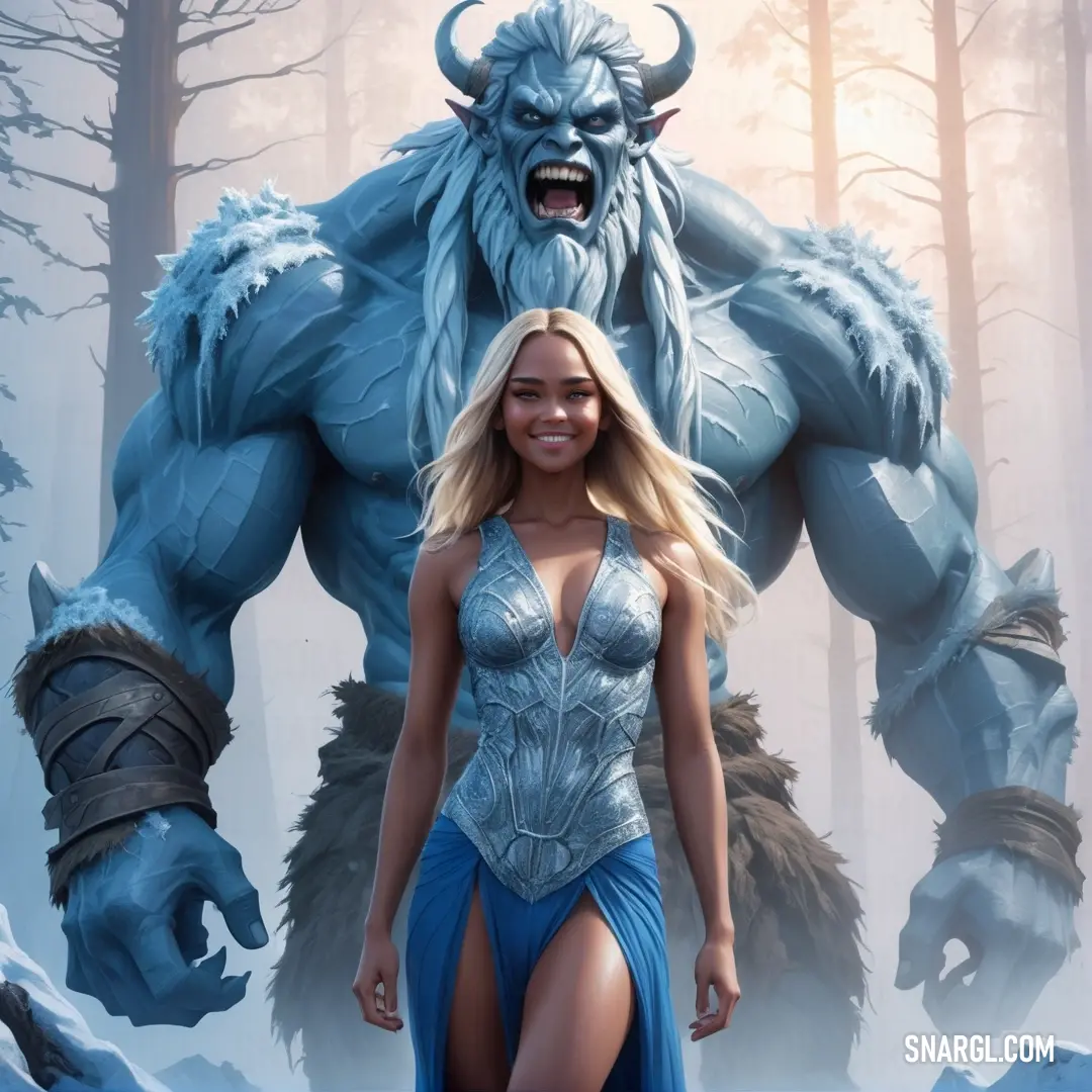 Woman in a blue dress standing next to a giant monster in a forest with snow on the ground. Color #4997D0.