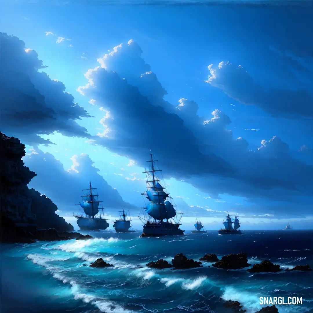 Painting of a ship in the ocean with a sky background and clouds above it