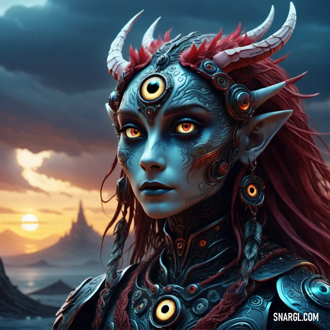 Woman with horns and a blue face with red hair and horns on her head