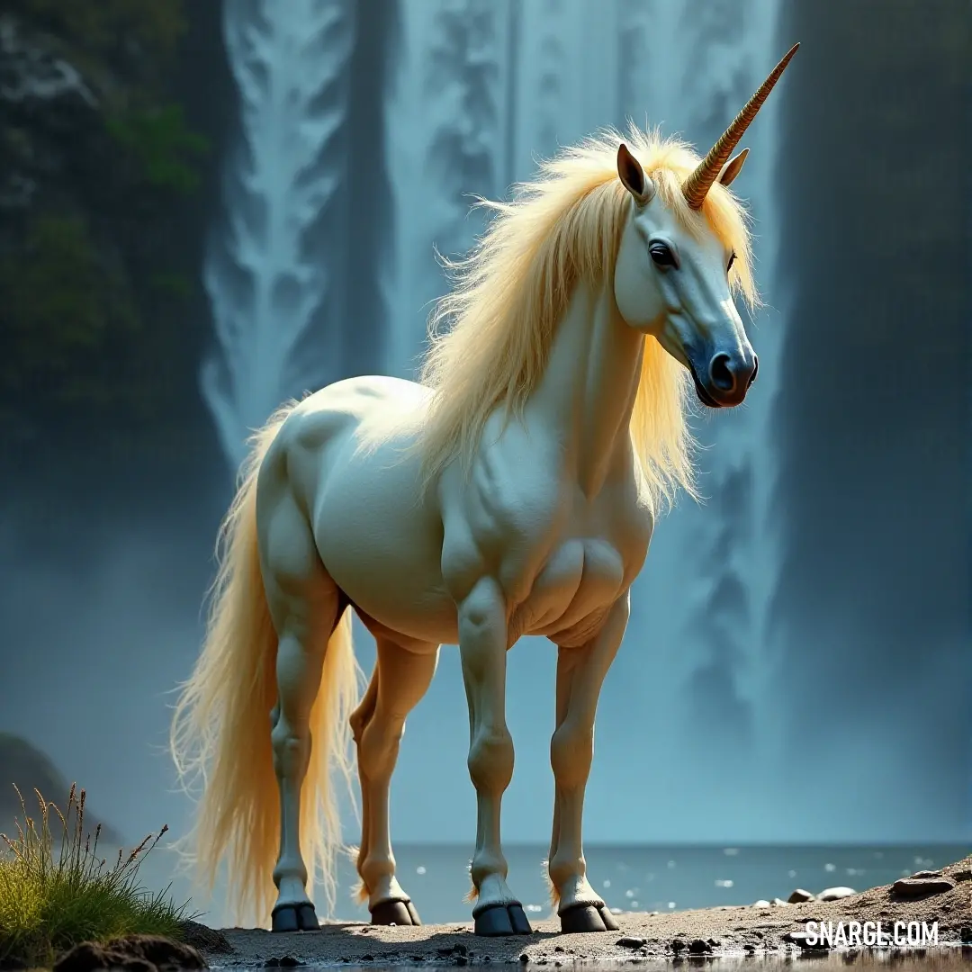 A White Celestial Guardian stands in front of a magnificent waterfall, radiating strength and grace against the roaring waters. A White Celestial Guardian stands tall before a majestic waterfall, its wings spread wide as the cascading water glistens in the sunlight. The scene is serene, powerful, and timeless.