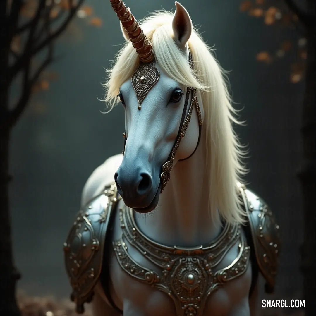 A majestic White Celestial Herald with a flowing, silvery mane and a gleaming gold helmet stands proudly before a towering ancient tree, bathed in a soft celestial glow, as the vibrant sky hints at a magical dawn breaking in the distance.
