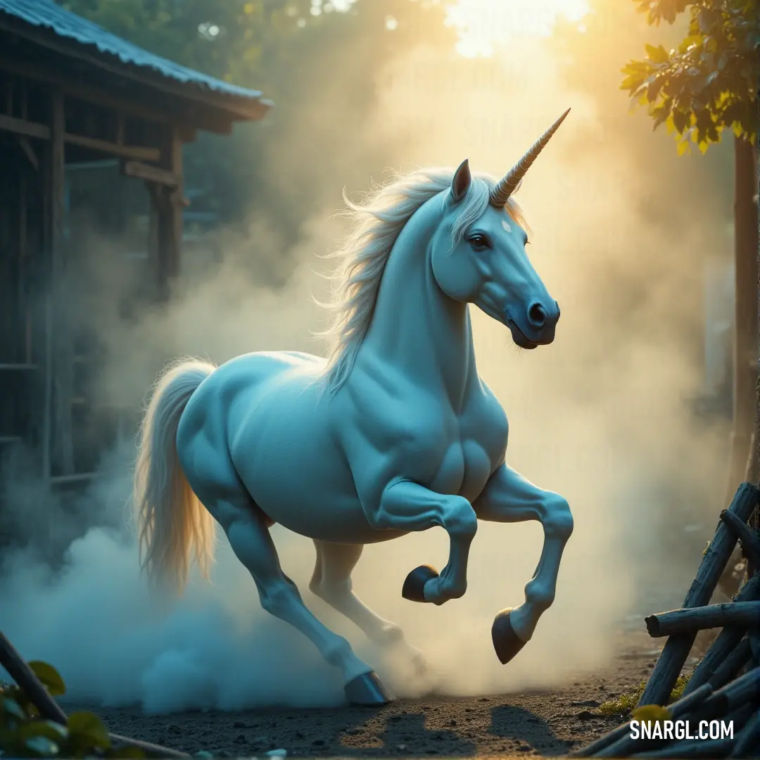A white celestial herald dashes through the dense fog of an enchanted forest, with a distant house barely visible through the mist and ethereal light surrounding it. A white celestial herald with an ethereal, glowing presence races through a foggy forest. The mist swirls around it, and a mysterious house peeks out from behind the trees, as the herald’s movement creates a sense of magical urgency in the still, m