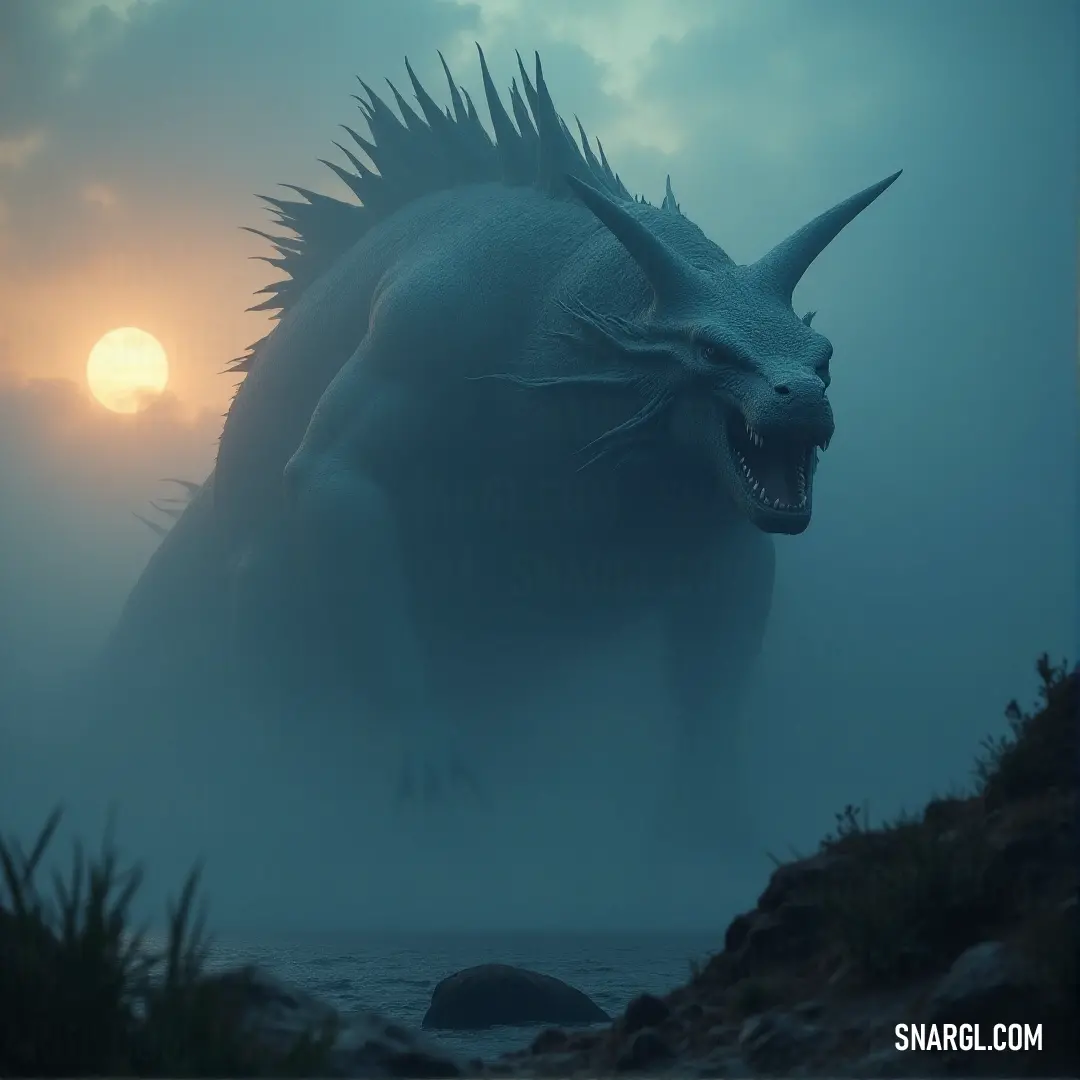 A towering Celestial Leviathan stands in the fog, casting an imposing shadow over the landscape. A Celestial Leviathan with spikes on its head stands tall in the fog, its shape partly obscured by the mist. The faint outline of a lone person in the distance adds a sense of scale, emphasizing the Leviathan’s immense size and presence.