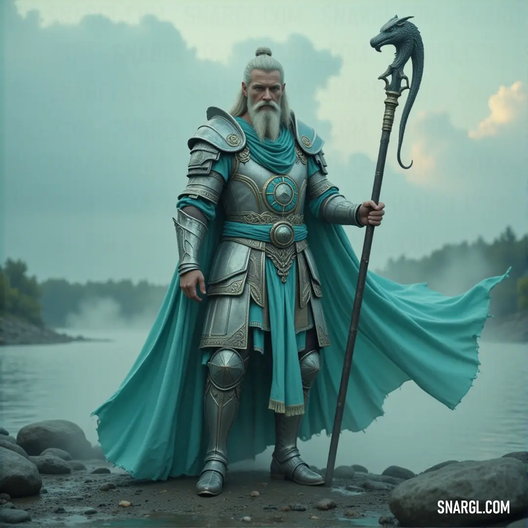 On a rocky outcrop by a tranquil body of water, the Celestial Magus wields a sword and staff, his figure reflected in the still waters. His presence unites the celestial forces with the earthly elements. A Celestial Magus, dressed in a majestic blue robe, stands on a rock by the water’s edge, holding both a staff and a sword. The reflection of the sky and water enhances his commanding presence, making it clear that he holds dominion over both the l